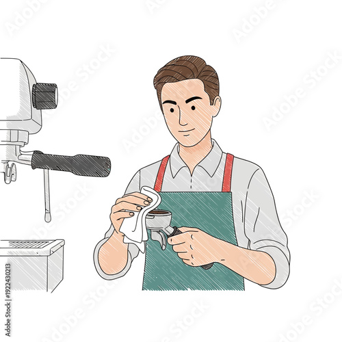 Barista cleaning espresso machine portafilter with cloth, illustration