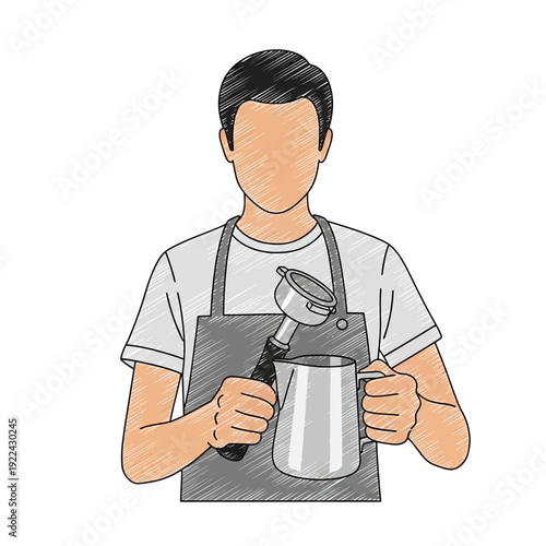 Barista holding espresso portafilter and milk pitcher, sketch style
