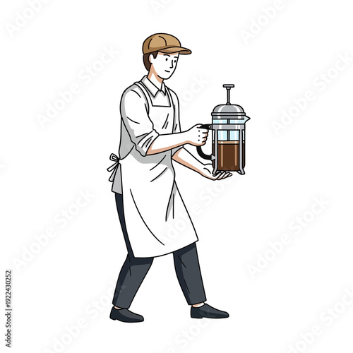 Barista holding french press coffee maker, illustration