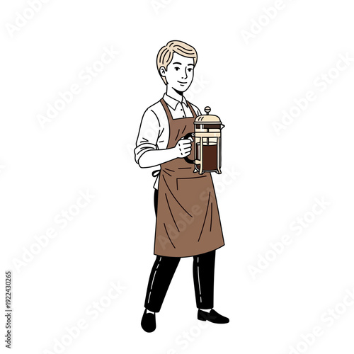 Barista holding French press coffee maker, illustration