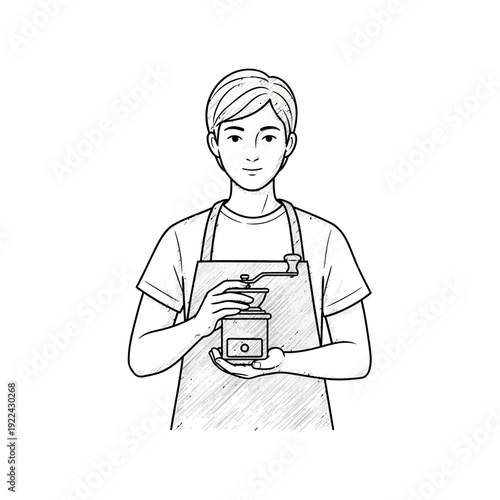 Barista holding manual coffee grinder, illustration style