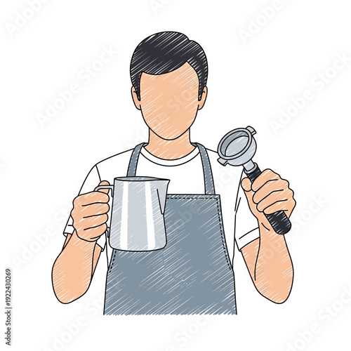 Barista holding milk pitcher and espresso portafilter, preparing coffee
