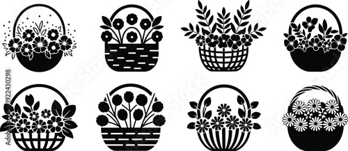 Eight Black Silhouette Flower Baskets with Various Floral Arrangements and Designs bouquet