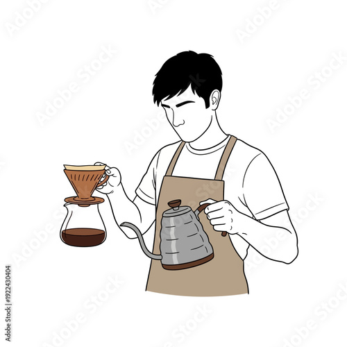 Barista making pour over coffee, line art illustration