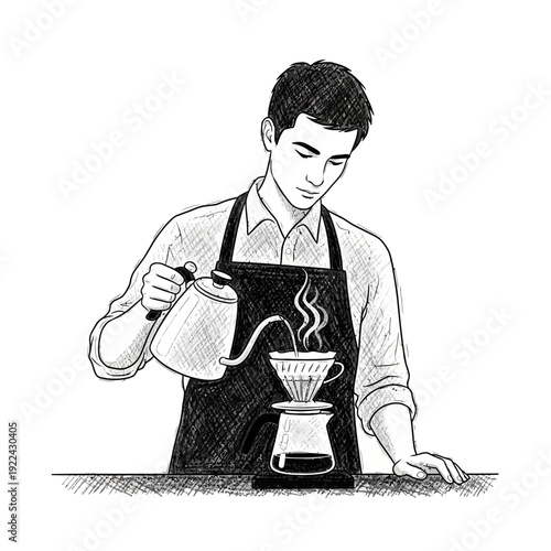 Barista making pour over coffee, hand-drawn illustration