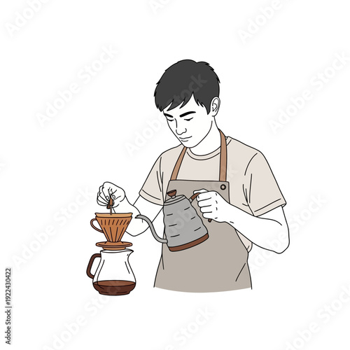 Barista making pour-over coffee with kettle and filter