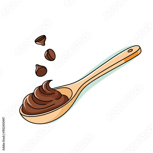 Chocolate spread on wooden spoon with hazelnuts nutella