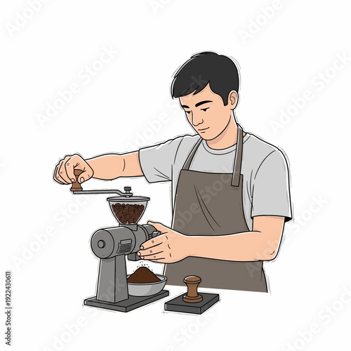 Man grinding coffee beans with manual grinder, preparing fresh coffee