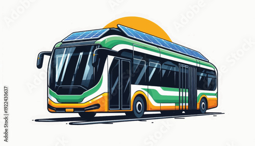 Modern Electric Solar Bus Illustration. Renewable Energy Vehicle for Sustainable Urban Public Transport.