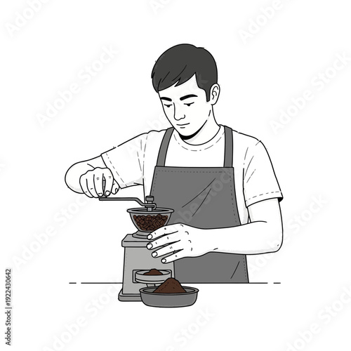Man operating manual coffee grinder for fresh grounds