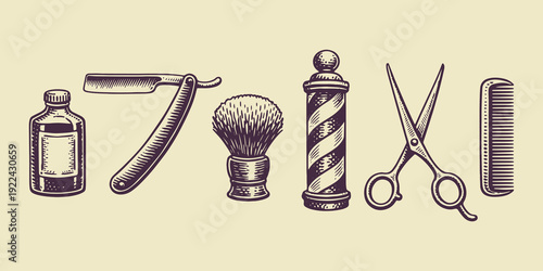 Barbershop tools vintage engraving style vector illustration