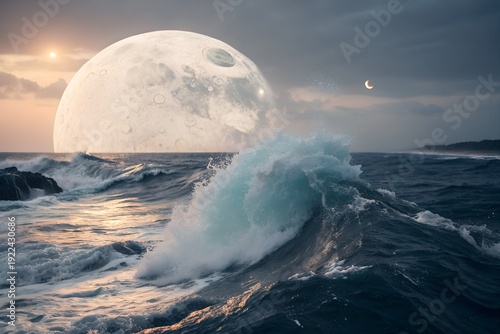 Celestial Ocean Symphony: A mesmerizing seascape unfolds, where colossal moon and serene crescent moon dance above the relentless rhythm of the ocean. The waves crash against the shore.