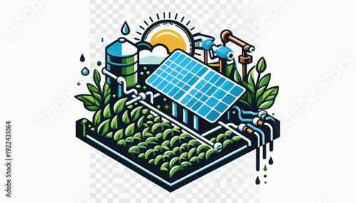 Isometric Illustration of Solar Powered Smart Farming and Sustainable Irrigation System for Agricultural Efficiency