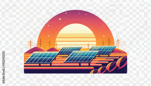 Textured Solar Panels Field Illustration at Sunset. Renewable Energy Concept Vector Art for Sustainability and Clean Power Generation.