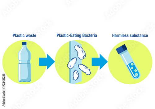 Bacteria eating plastic. infographic. Plastic pollution. Ideonella sakaiensis. Bacteria capable of rapidly degrading polyethylene terephthalate (PET). Waste recycling using living organisms