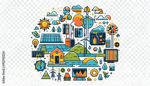 Renewable Energy and Sustainability Concept Illustration. Eco-friendly power generation, green technology, solar panels, and wind turbines infographic in a circular design.