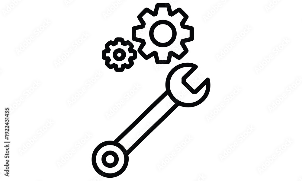 Obraz premium Simplified wrench and gear icon symbolizing maintenance and technical support services in a sleek black line design.