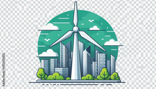 Sustainable City Power: Wind Turbine Illustration in Urban Skyline for Green Energy and Eco-Friendly Development.