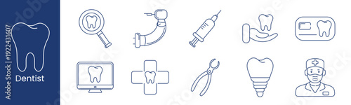 Dentist set icon. Collection with tooth magnifier, dental drill, syringe, tooth mirror, dental card, xray monitor, medical cross, pliers, implant screw, dentist portrait.