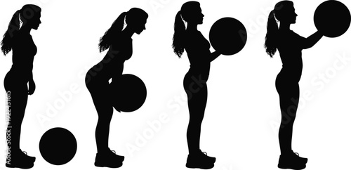 Silhouette of Woman Performing Weightlifting Exercises with Ball on White Background female fitness