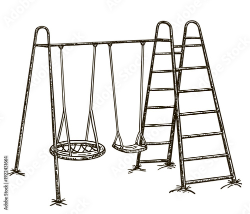 Hanging swing. Swing with suspended round net seat isolated on white background. Playground swing. Сhildrens complex. Minimalist sketch design. For children to play in playgrounds and parks.