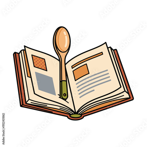 Open cookbook with wooden spoon on pages open book recipe book