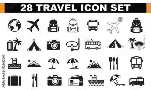 A set of black travel icons on a white background for design and travel purposes