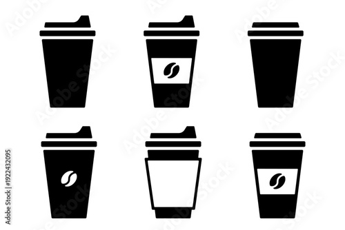Takeaway coffee minimal icon, black silhouette isolated on white. Disposable cup for hot drink to go with lid and coffee bean label. Vector clipart for minimalist design or logo.