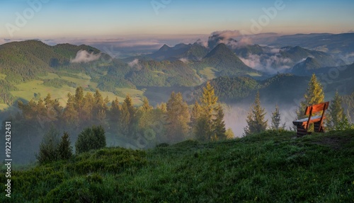 Wooden bench overlooking Trzy Korony peak in Pieniny Mountains, Poland at sunrise. Misty valley, rolling green hills and warm golden light create peaceful natural landscape scenery.