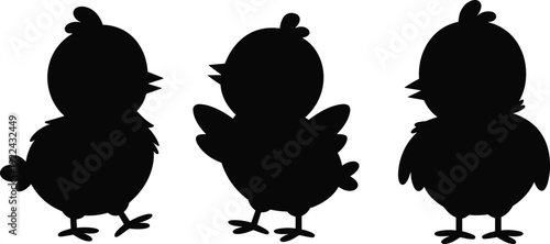 Three black silhouettes of cartoon chicks facing different directions on white Keywords: chick, chicken, bird, baby animal