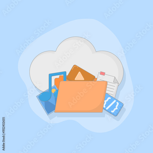 cloud storage illustration with folder icon containing document files, songs, videos, and images as well as clouds and blue as background.