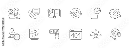 Technical support service set icon. Operator phone manual gear refresh message wrench user puzzle help error headset depict assistance maintenance system solution.