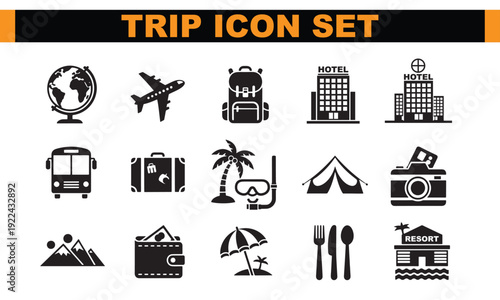 A collection of black and white travel icons on a white background with a black and orange banner