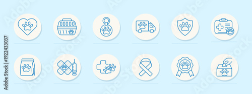 Pet care set icon. Line assortment with heart, animal carrier, tag medal, delivery van paw, shield paw, medical kit, food bag, syringe bandage, cross paw, awareness ribbon