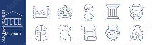 Museum set icon. Collection with framed painting, royal crown, bust sculpture, ancient column, ceramic vase, knight helmet, torso statue, parchment scroll, amphora, spartan helmet