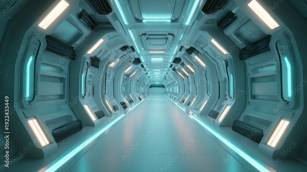 Obraz premium Futuristic sci-fi corridor with glowing blue and white lights on metallic walls. Long tunnel with reflective floor and high-tech atmosphere.