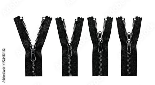 Row of five realistic black plastic zippers displayed vertically in various stages of being opened or closed