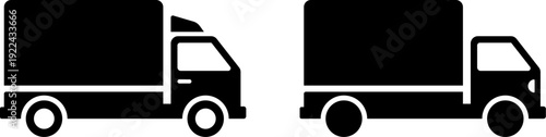 Black silhouettes of two delivery trucks on white background