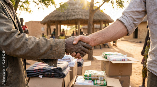Handshake between two people as donated blankets and canned food are handed over in rural village in volunteer or NGO setting. humanitarian aid, community support, partnership and relief efforts