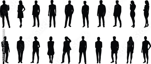 Business people silhouettes collection, men and women standing isolated black shadow corporate figures set for design