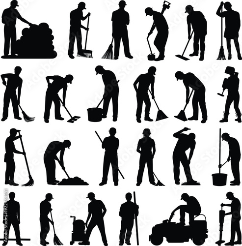 Cleaning worker silhouettes, janitorial tools illustration, sweeping and mopping art, sanitation labor concept, maintenance profession design, workforce diversity representation
