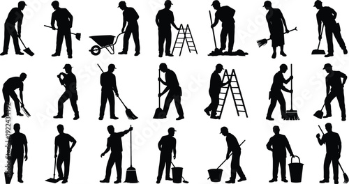 Construction and cleaning worker silhouettes set, builders with ladder wheelbarrow broom isolated black shadow figures collection