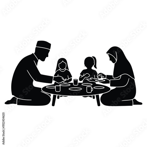 Family Mealtime Silhouette: A tender moment of a family sharing a meal, seated around a table, illustrating a sense of unity, cultural togetherness, and shared experience.