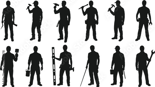 Construction worker silhouettes collection, builders holding hammer level wrench and tools isolated black shadow figures set