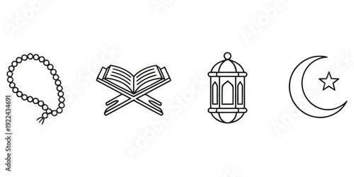 Islamic Icons in Harmony: A set of elegantly drawn Islamic icons, representing core elements of faith and devotion, laid out with reverence.