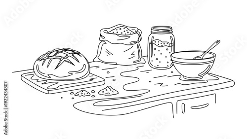 Sourdough Bread Baking Vector Illustration Drawing, Hand Drawn Sketch of Flour Sack, Starter Jar, Dough Bowl, and Crusty Loaf on Kitchen Counter, Minimalist Line Art Home Baking Artisan Bakery Graphic
