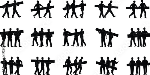 Construction workers carrying wooden beams silhouettes set, builders teamwork isolated black shadow figures collection