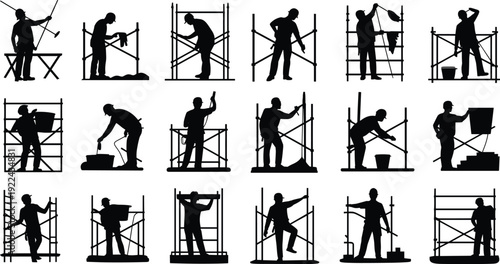 Construction workers on scaffolding silhouettes set, builders plastering painting isolated black shadow figures collection