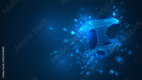 An abstract 3D object on a blue background with bright highlights.