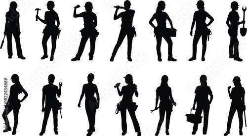 Female construction worker silhouettes set, women builders holding tools isolated black shadow figures collection for design